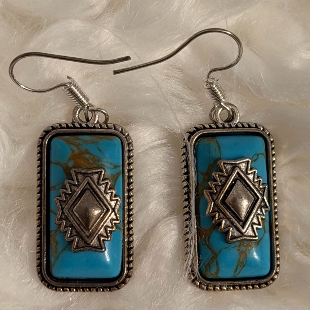 Turquoise And Vintage Silver Rectangular Earrings - image 1